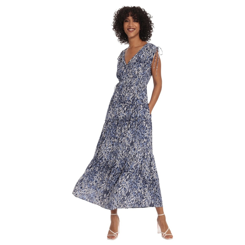 Maggy London Sloan 4 Maxi‎ Dress Sleeveless Tiered Blue White Whimsy Cottagecore